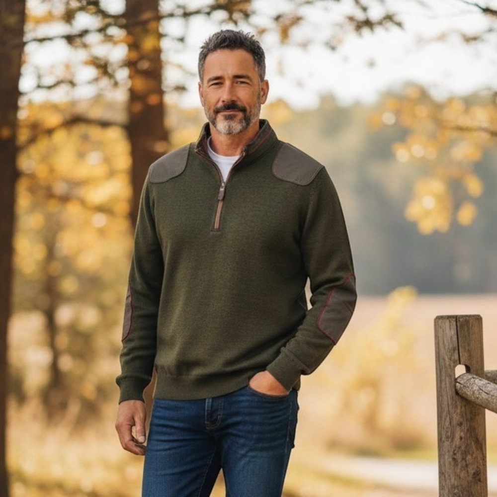 Orvis Mens Quarter Zip Wool Shooting Sweater Green Shoulder Elbow Patches